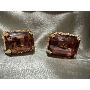 Vintage Sarah Coventry Gold Tone Smoky Amethyst Glass Clip Earrings Brutalist